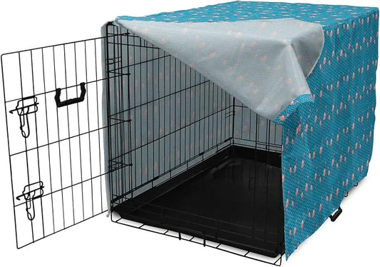 Lunarable Flamingo Dog Crate Cover, Tropical Romance Birds on Wavy Horizontal Stripes Hawaiian Love Doodle, Easy to Use Pe...