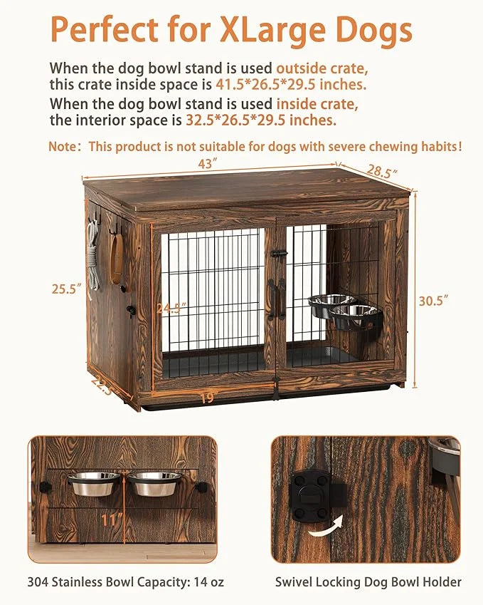 Piskyet Wooden Dog Crate Furniture with 360°Rotatable Removable Dog Bowls, Dog Crate End Table with Tray, Double Doors Dog...