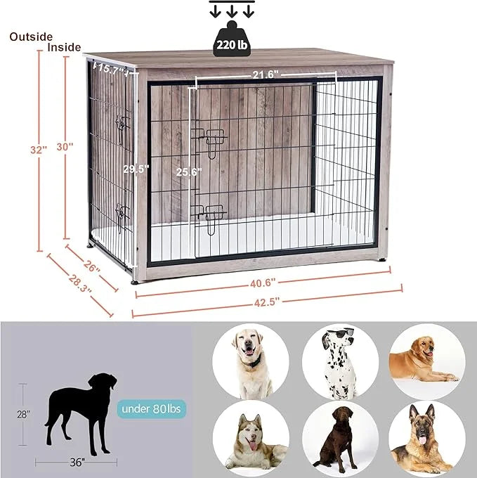 DWANTON Dog Crate Furniture with Cushion, Wooden Kennel Table with Double Doors, Indoor Dog House, Extra Large Size, 43.3"...