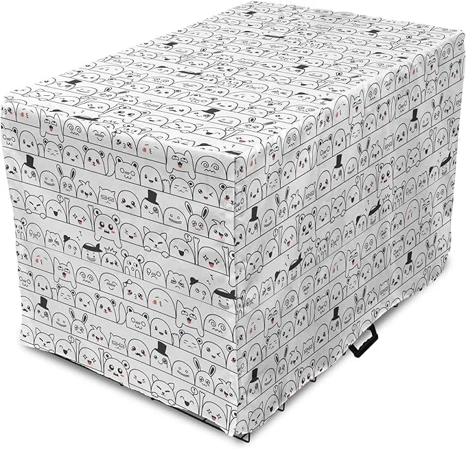 Lunarable Cartoon Dog Crate Cover, Funny Creatures and Monsters Doodle Faces in Manga Style Emotions, Easy to Use Pet Kenn...