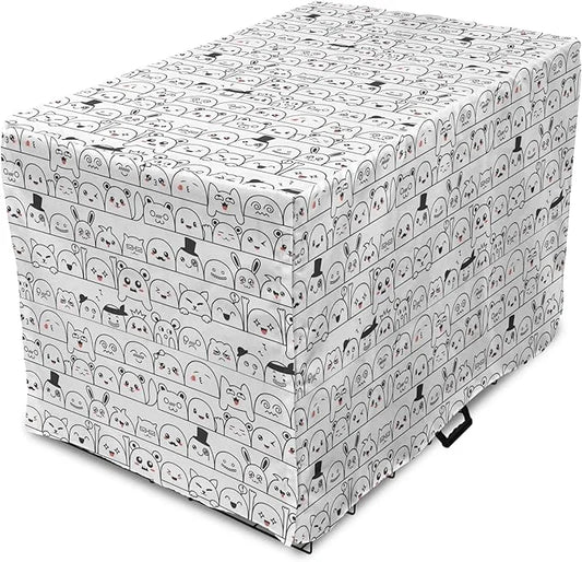 Lunarable Cartoon Dog Crate Cover, Funny Creatures and Monsters Doodle Faces in Manga Style Emotions, Easy to Use Pet Kenn...