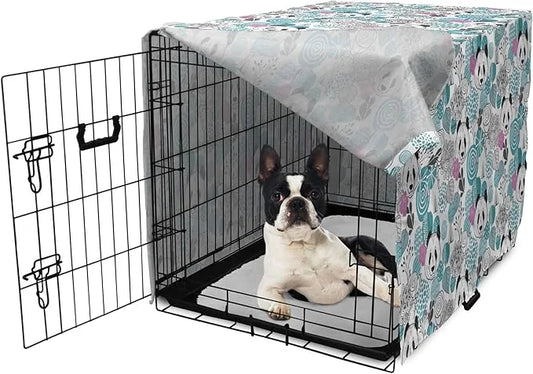 Lunarable Panda Dog Crate Cover, Portraits of Chinese Bears on Sketch Flowers and Abstract Circular Shapes, Easy to Use Pe...
