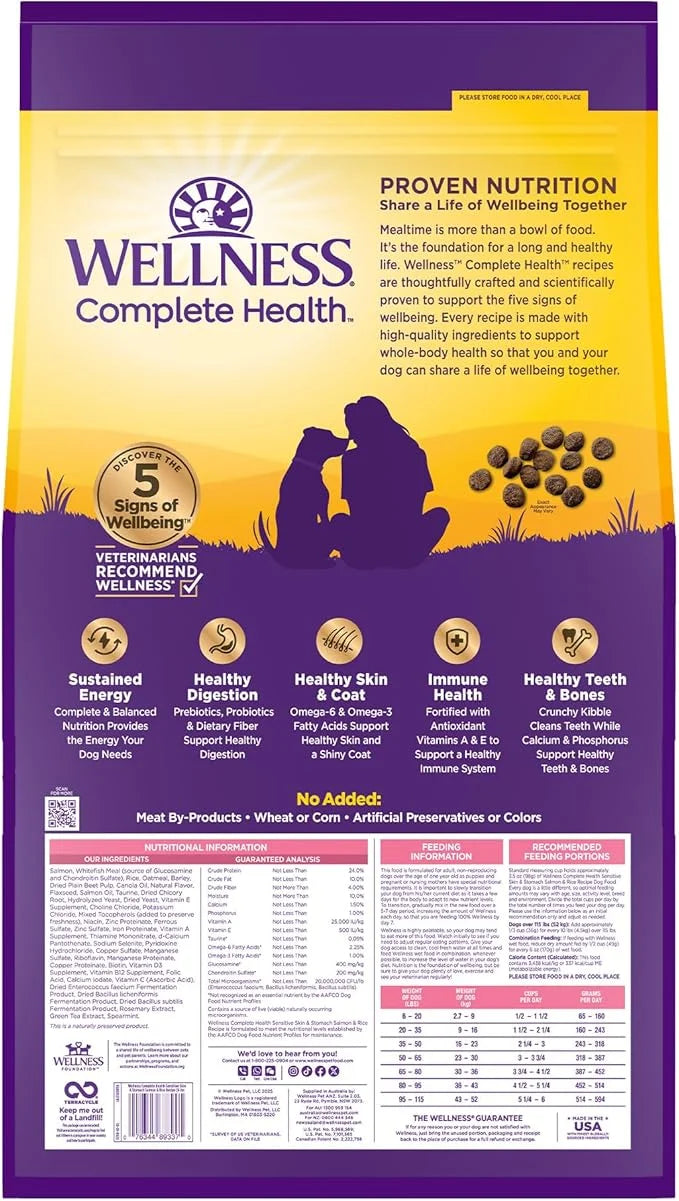 Wellness Complete Health Senstive Skin & Stomach Natural Adult Dry Dog Food, Salmon and Rice Recipe, 24 Pound Bag - Produc...