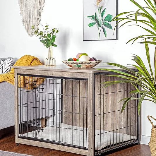 DWANTON Dog Crate Furniture with Cushion, Wooden Kennel Table with Double Doors, Indoor Dog House, Large Size, 38.5" L, Gr...