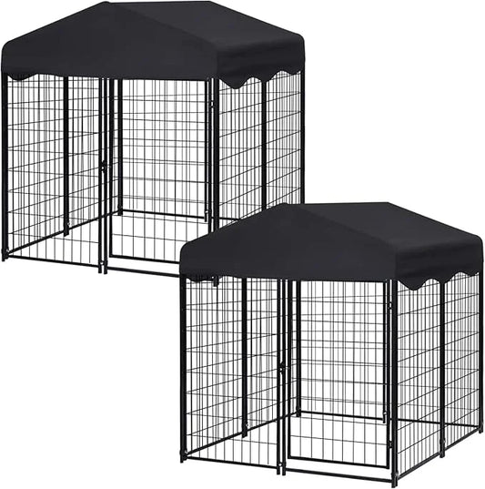 Heavy Duty Outdoor Dog House - Large Kennel with Roof, 4'L x 4'W x 4.5'H - Black Dog Crate with Cover, 2 Set - Product Image