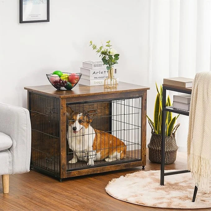 DWANTON Dog Crate Furniture with Cushion, Wooden Kennel Table with Double Doors, Indoor Dog House, Medium Size, 32.5" L, R...