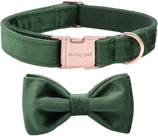 ARING PET Dog Collars with Bowtie-Velvet Dog Bow tie Collar, Adjustable Dark Green Dog Collar - Product Image