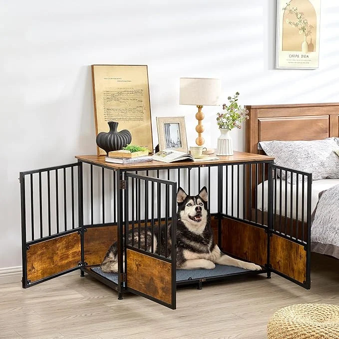 KOOPRO 43.7" Inch Dog Crate Furniture with Cushion for Large Dogs, Wooden Heavy Duty Dog Kennel with Double Doors Indoor, ...