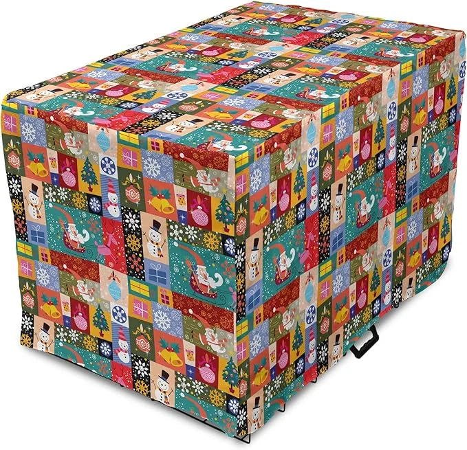 Lunarable Christmas Dog Crate Cover, Modern Design Theme Funny Xmas Winter Patterns Theme, Easy to Use Pet Kennel Cover fo...