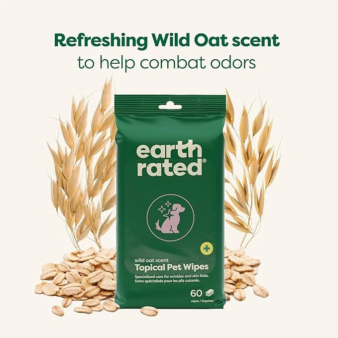 Earth Rated Wrinkle Wipes for Dogs, Perfect for Bulldogs and Pugs, to Cleanse Wrinkles and Folds, Wild Oat Scent, 60 Count...