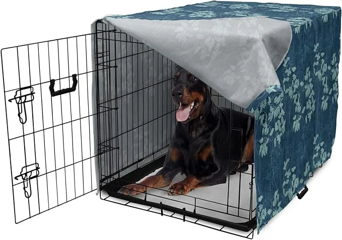 Lunarable Blue Floral Dog Crate Cover, Abstract Leaves and Outlines Rural Field Garden Foliage Art, Easy to Use Pet Kennel...