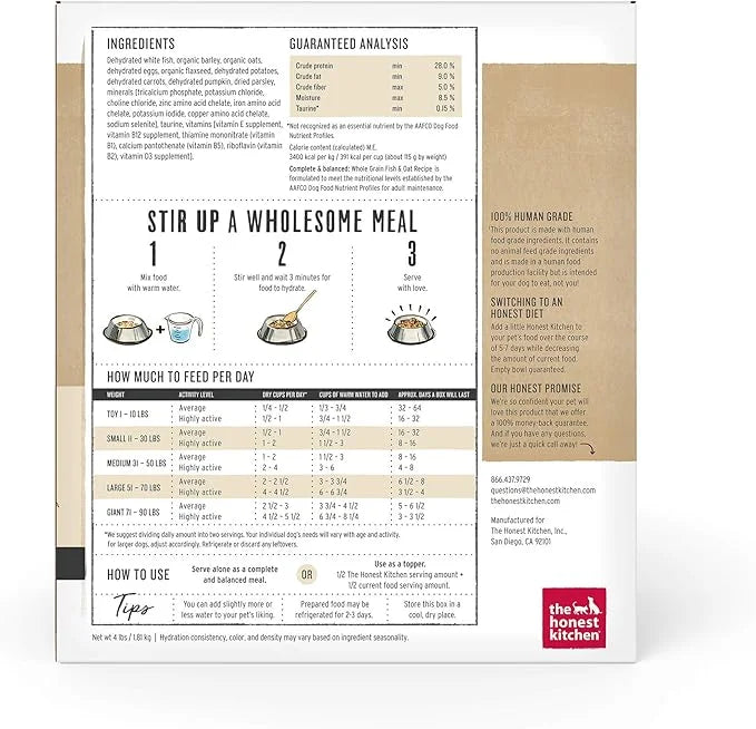 The Honest Kitchen Dehydrated Whole Grain Fish & Oats Dog Food, 4 lb Box, 4.00 Pound (Pack of 1) - Product Image