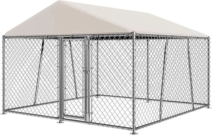 10 x 10FT Large Outdoor Dog Kennel with Roof, Dog Kennel Outside with Waterproof Cover, Galvanized Heavy Duty Chain Link D...
