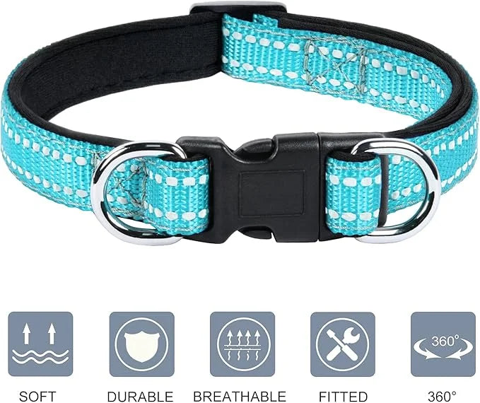 AUAUY Reflective Nylon Dog Collars, Adjustable Classic Pet Collars with Soft Neoprene Padding, Double Security Dual D-Ring...
