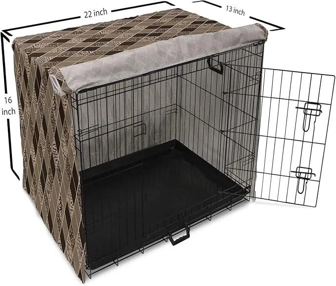 Lunarable Contemporary Brown Dog Crate Cover, Rhomb Check Pattern with Animal Skins, Easy to Use Pet Kennel Cover for Smal...