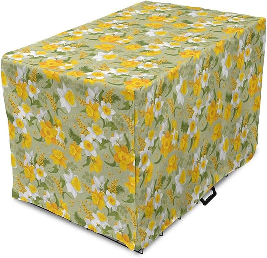Lunarable Daffodil Dog Crate Cover, Vintage Inspirations Floral Arrangement Pattern Romantic Bouquet Nature, Easy to Use P...