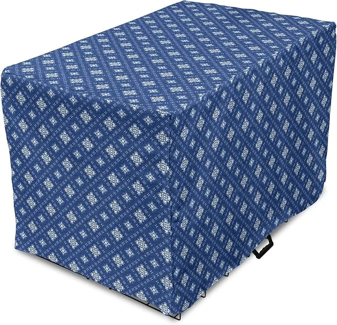 Lunarable Damask Blue Dog Crate Cover, Azulejo Talavera Inspired Continuous Pattern of Motif, Easy to Use Pet Kennel Cover...