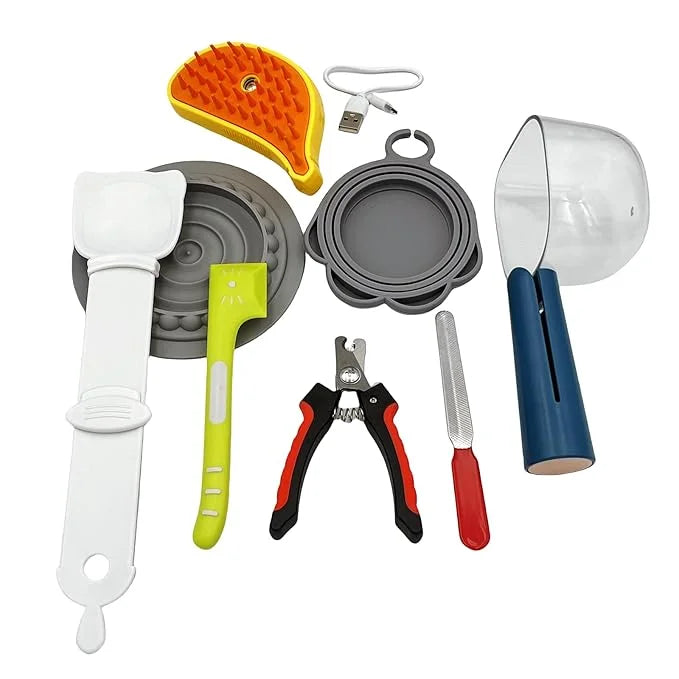 Pet Grooming Food Kit, 8Pcs Dog Cat Can Supplies Set,Steam Brush,Nail Clipper & File,Food Can Spoon,Pet Food Scoop with Ba...