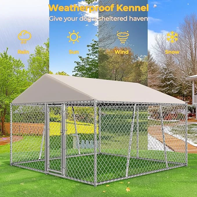 10 x 10FT Large Outdoor Dog Kennel with Roof, Dog Kennel Outside with Waterproof Cover, Galvanized Heavy Duty Chain Link D...