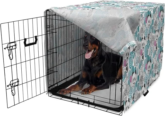 Lunarable Panda Dog Crate Cover, Portraits of Chinese Bears on Sketch Flowers and Abstract Circular Shapes, Easy to Use Pe...
