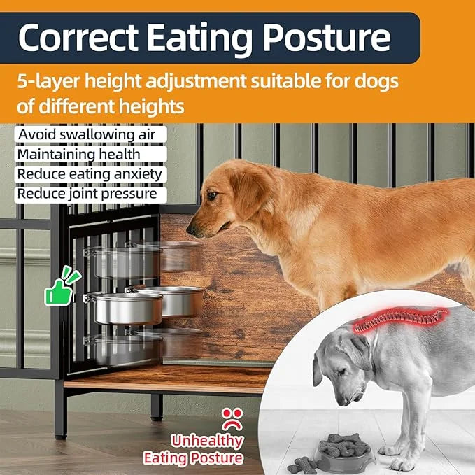 Large Dog Crate Furniture, with 360° Adjustable Elevated Feeder, Heavy Dog Furniture, Indoor Decorative Dog Kennel, Sturdy...