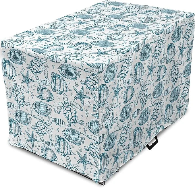 Lunarable Under The Sea Dog Crate Cover, Hand Drawn Sketch Art Style Fauna of The Sea Turtle Starfish and Fishes, Easy to ...