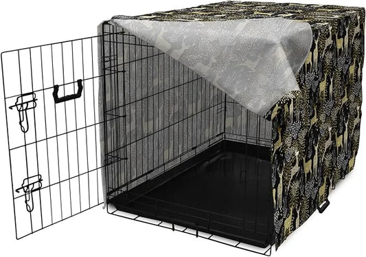 Ambesonne Christmas Dog Crate Cover, Nature Woodland and Deer Silhouettes with Oriental Ornaments Design, Easy to Use Pet ...