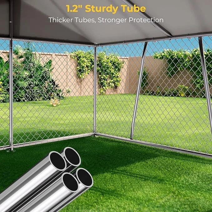 10 x 10FT Large Outdoor Dog Kennel with Roof, Dog Kennel Outside with Waterproof Cover, Galvanized Heavy Duty Chain Link D...