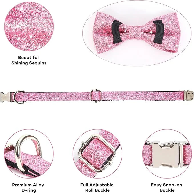 Bling Bow Tie Dog Collar and Leash Set, Cute Pink Girl Dog Collar with 5ft Leash for Small Medium Dogs Daily Walking or Ho...