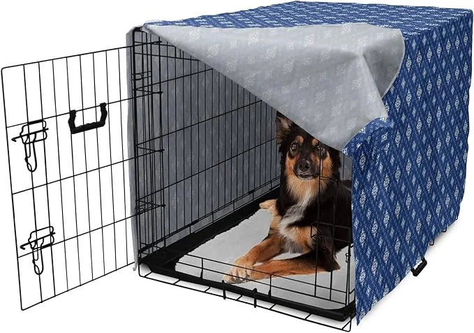 Lunarable Damask Blue Dog Crate Cover, Azulejo Talavera Inspired Continuous Pattern of Motif, Easy to Use Pet Kennel Cover...