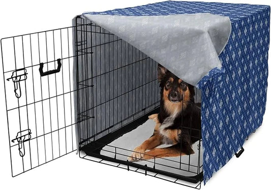Lunarable Damask Blue Dog Crate Cover, Azulejo Talavera Inspired Continuous Pattern of Motif, Easy to Use Pet Kennel Cover...