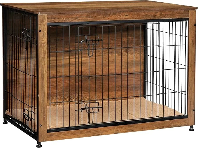 DWANTON Dog Crate Furniture with Cushion, Wooden Kennel Table with Double Doors, Indoor Dog House, Large Size, 38.5" L, Wa...