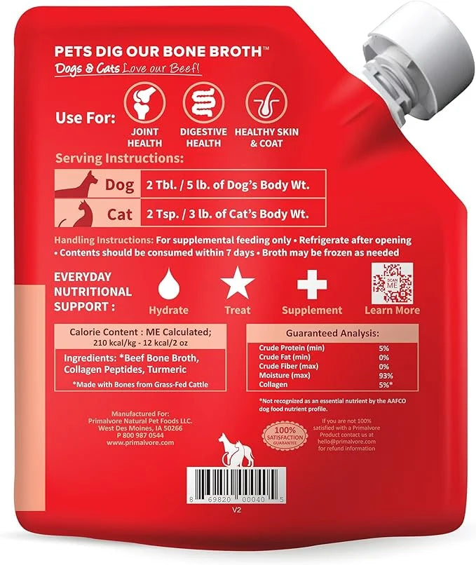 Primalvore Grass-Fed Beef Bone Broth for Dogs &Cats, Mobility Formula w/Collagen Peptides to Help Support Hip & Joints, Di...