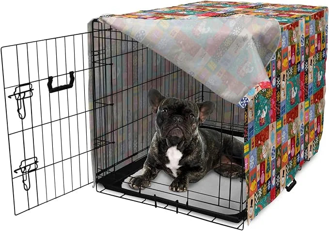 Lunarable Christmas Dog Crate Cover, Modern Design Theme Funny Xmas Winter Patterns Theme, Easy to Use Pet Kennel Cover fo...