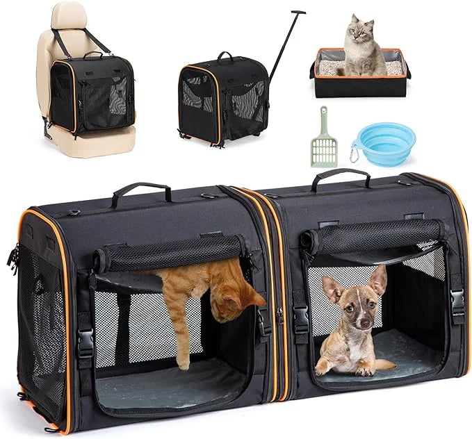 2-in-1 Cat, Dog Carrier for Pets up to 30 Lbs, Double Pet Carrier Car Travel Portable Twin Compartment Pet Kennel Dog Crat...