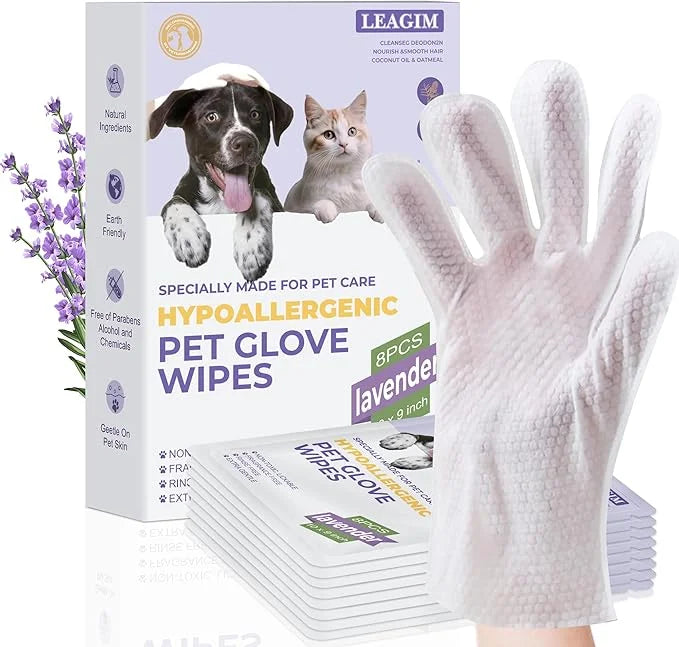 Pet Cleaning Glove Bathing Wipes for Dogs and Cats, Hypoallergenic Deodorizing No-Rinse Grooming Wipes for Paws, Body, and...