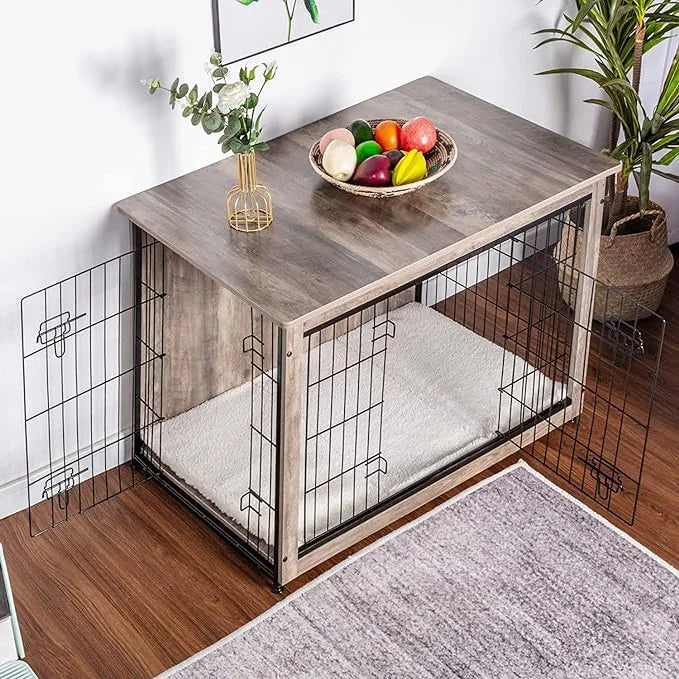 DWANTON Dog Crate Furniture with Cushion, Wooden Kennel Table with Double Doors, Indoor Dog House, Large Size, 38.5" L, Gr...