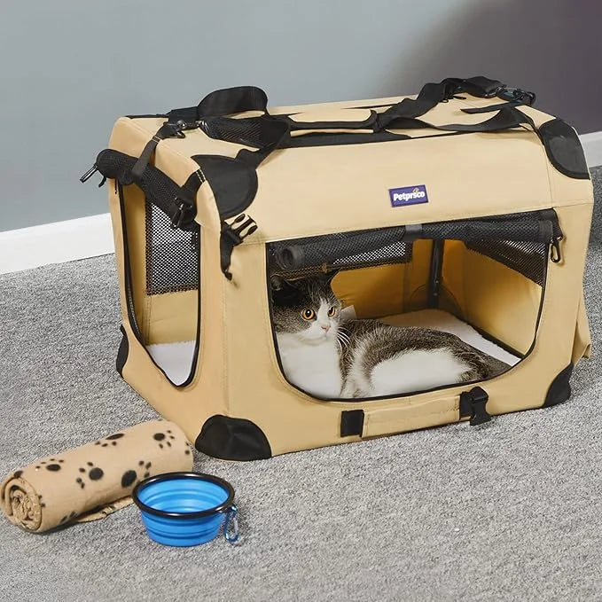 Petprsco Portable Collapsible Dog Crate, Travel Dog Crate 24x17x17 with Soft Warm Blanket and Foldable Bowl for Large Cats...
