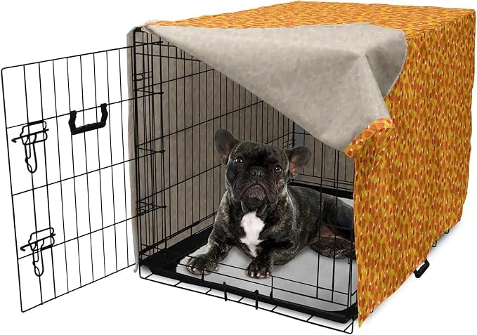 Lunarable Candy Corn Dog Crate Cover, Halloween Themed Pattern with Pumpkins and Food Repetition, Easy to Use Pet Kennel C...