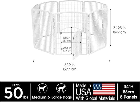 IRIS USA Dog Playpen, 8-Panel 34" Pet Playpen with Door, Puppy Playpen, Indoor/Outdoor Dog Pen, 63 x 63 x 34, Foldable, Cu...