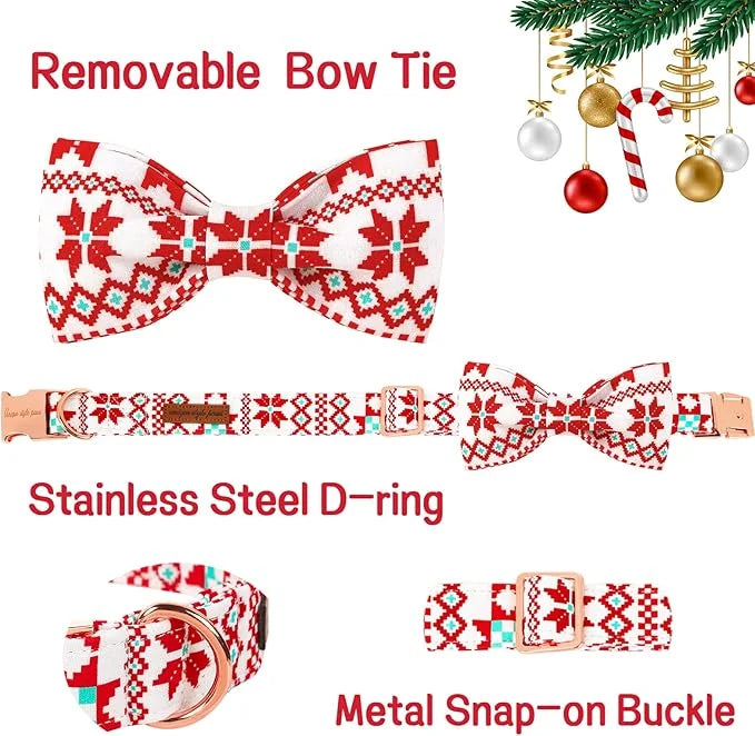 Unique style paws Christmas Dog Collar with Bow Tie Red White Grid Cotton Collar Adjustable Puppy Plaid Collar for Small M...