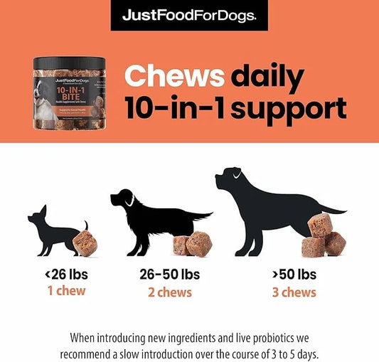 JustFoodForDogs 10-in-1 Multifunctional Supplement Chews for Dogs, Superfood Blend, Glucosamine, Omega-3 Fatty Acids, Skin...