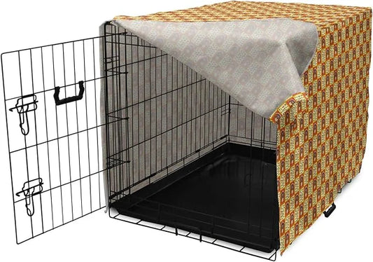 Lunarable Thanksgiving Dog Crate Cover, Checkered Pattern with Funny Cartoon Gobbler and Fallen Autumn Leaves, Easy to Use...