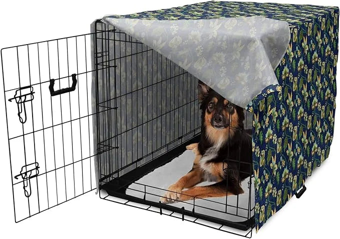 Lunarable Jacobean Dog Crate Cover, Triangles with Floral Pattern Stalks Leaves Flowers Whimsical Nature, Easy to Use Pet ...