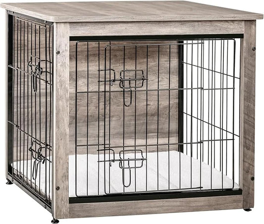 DWANTON Dog Crate Furniture with Cushion, Wooden Kennel Table with Double Doors, Indoor Dog House, Small/Medium/Large/Extr...
