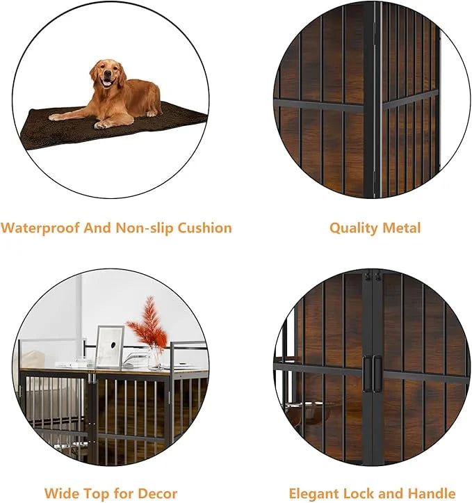 ROOMTEC Furniture Style Large Dog Crate with 360° & Adjustable Raised Feeder for Dogs 2 Stainless Steel Bowls -End Table H...