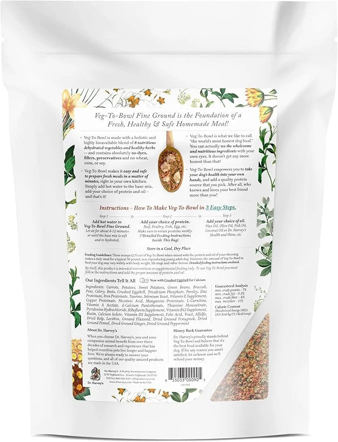 Dr. Harvey's Veg-to-Bowl Fine Ground Dog Food, Human Grade Dehydrated Base Mix for Dogs, Grain Free Holistic Mix for Small...