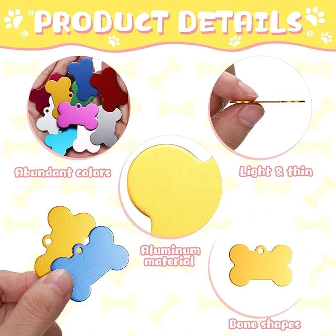 100 Pcs Blank Dog Pet Tags for Engraving 38MM Aluminum Bone Shape Name Tag Colorful Double Sided Dog Cat Phone Number Tag ...
