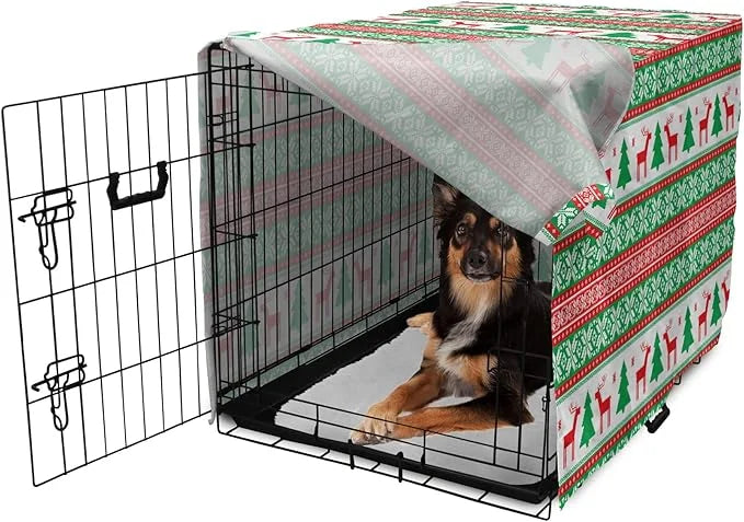 Ambesonne Christmas Dog Crate Cover, Knit Style Graphic Reindeer Star and Snowflake Holiday Family Theme, Easy to Use Pet ...
