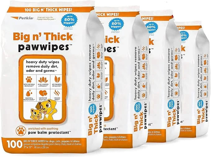 Petkin Big N' Thick Paw Wipes for Dogs, 100 Large Wipes (4 Pack) - Clean Dirty Paws After Walks, with Paw Balm Protectant ...